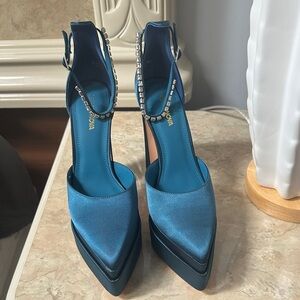 Fashion Nova Blue Satin Heels with Rhinestone Strap